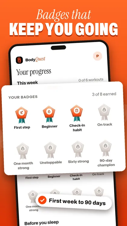 BodyQuest screenshot: badges and streaks